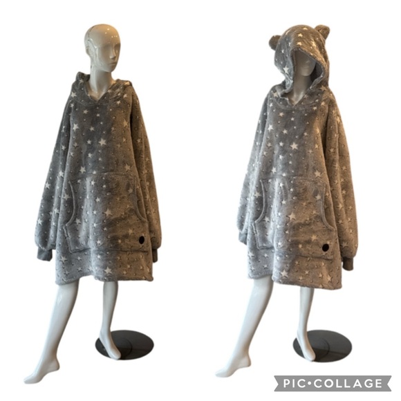 Three Poodle Luminous Grey Star Sherpa & Fleece Blanket Hoodie Size OS - Picture 6 of 14